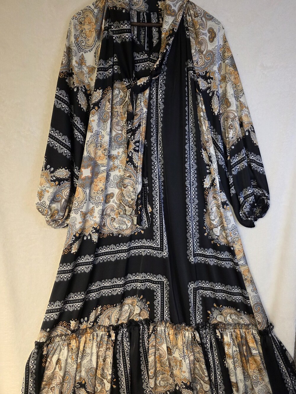 Boho Paisley Tiered Maxi Dress in Black and Gold Built-in Neck-tie Dynamic Scarf